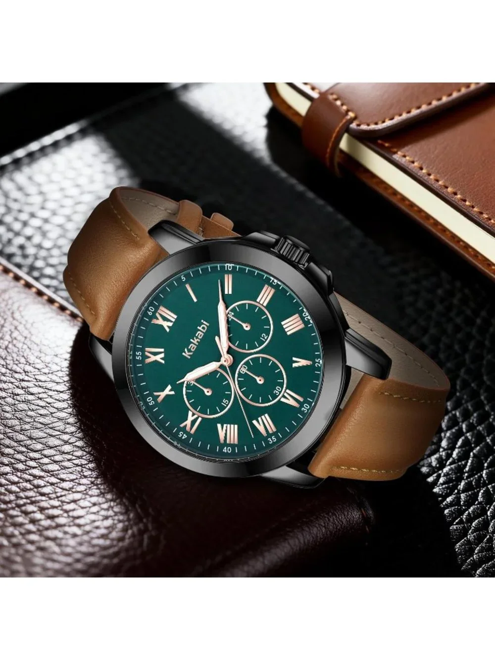 Men's Blue Coffee Classic Leather Roman Numeral Quartz Waterproof Wrist Watch